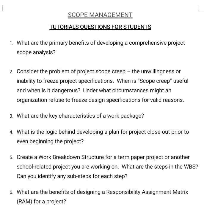 SCOPE MANAGEMENT TUTORIALS QUESTIONS FOR STUDENTS