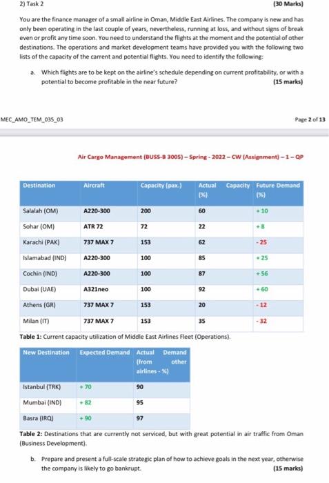 This question for Air cargo 2) Task 2 (30 Marks)