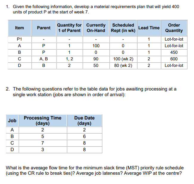 1. Given the following information, develop a