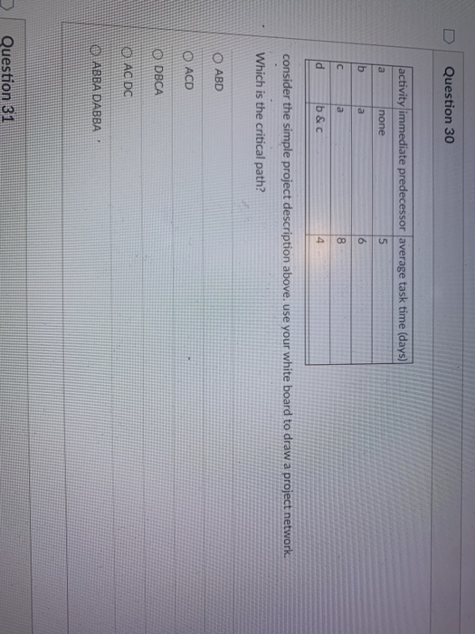 Question 30 activity immediate predecessor