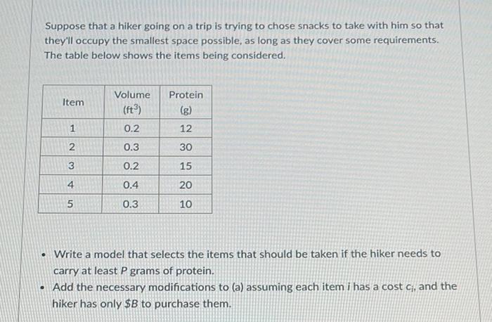 optimization models Suppose that a hiker going on