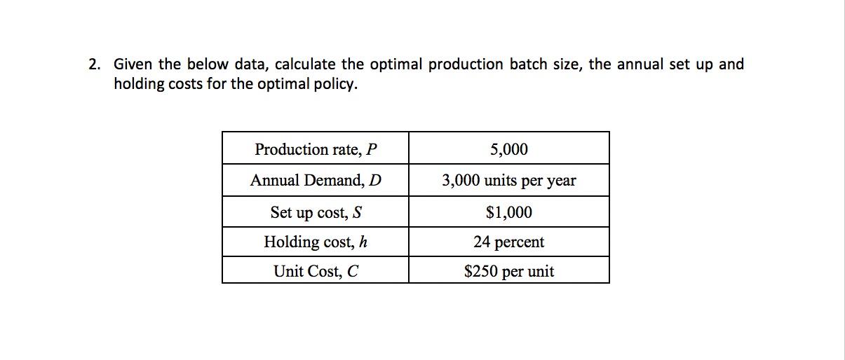 2. Given the below data, calculate the optimal