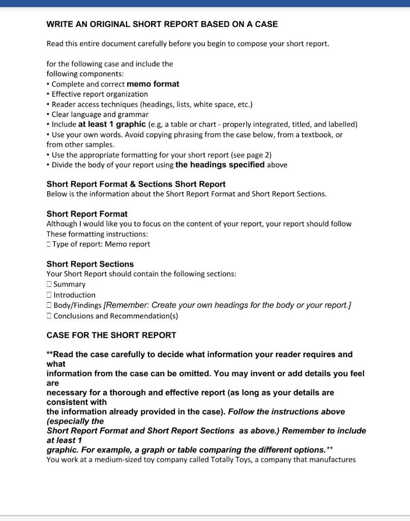 WRITE AN ORIGINAL SHORT REPORT BASED ON A CASE