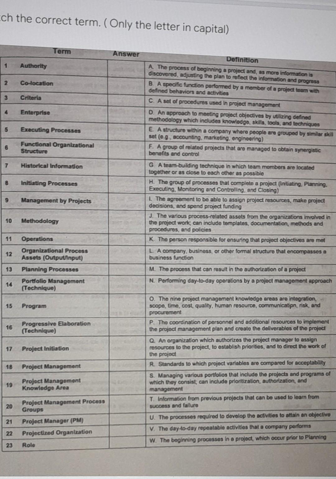 match the correct term Ich the correct term.