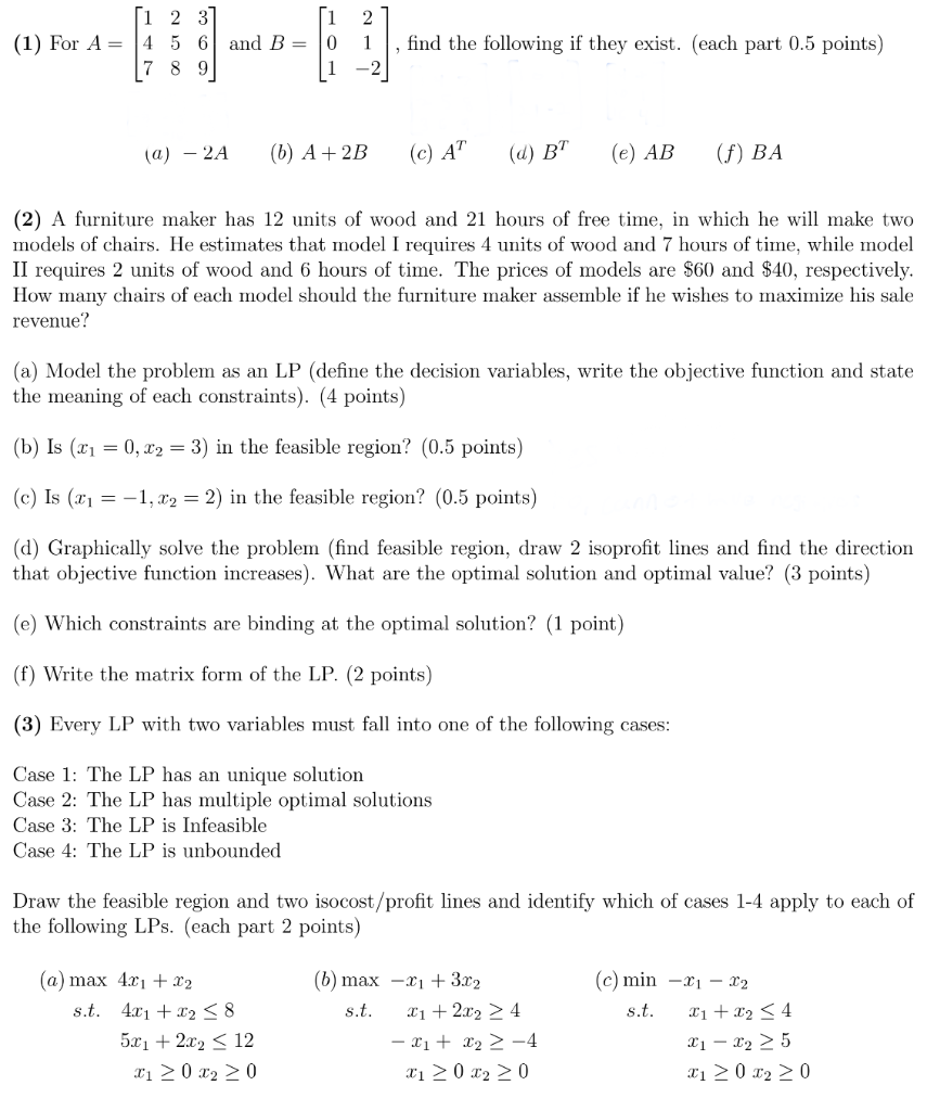 1 2 (1) For A = [1 2 3 4 5 6 and B = 0 789 1 find