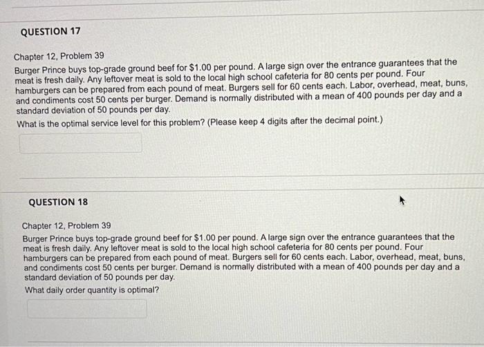 answer 16, 17 & 18 Chapter 12 , problem 39 Burger