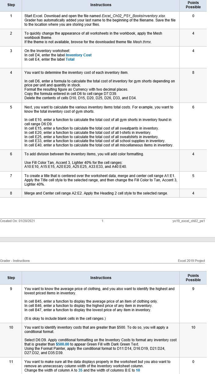 Step Instructions Points Possible 1 0 Start