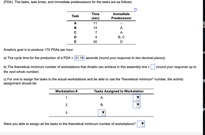 (PDA). The tasks, task times, and immediate