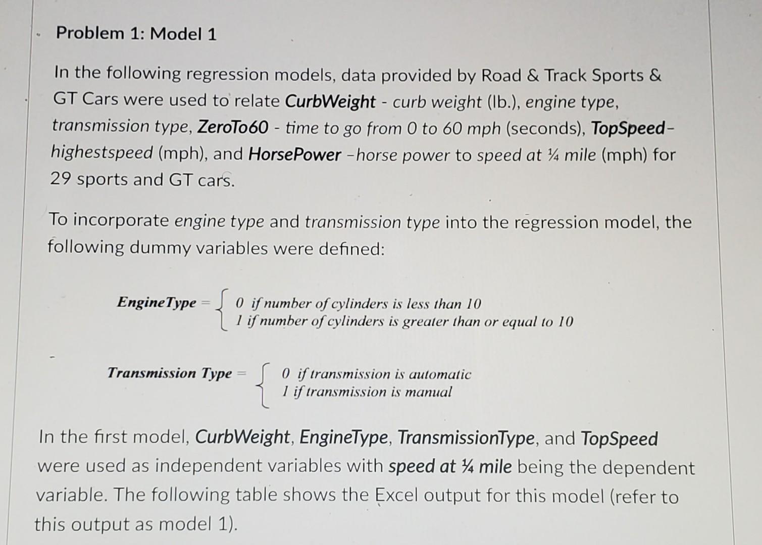 Problem 1: Model 1 In the following regression