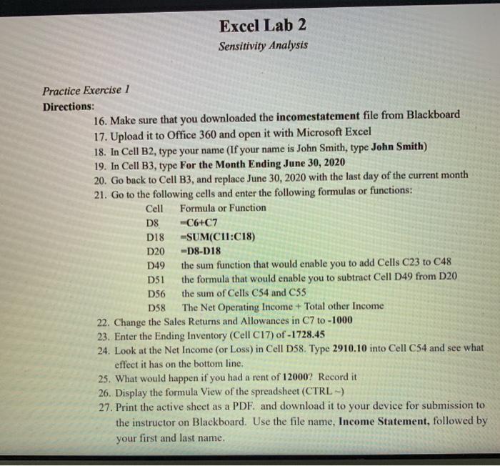 Excel Lab 2 Sensitivity Analysis Practice