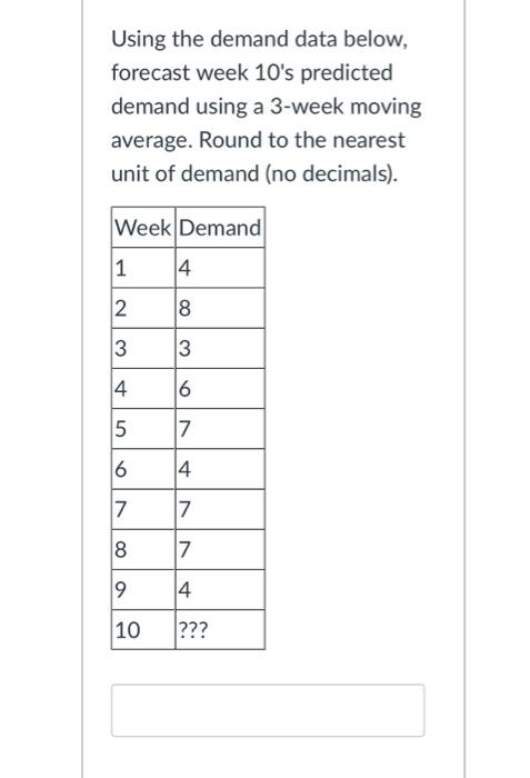Using the demand data below, forecast week 10's