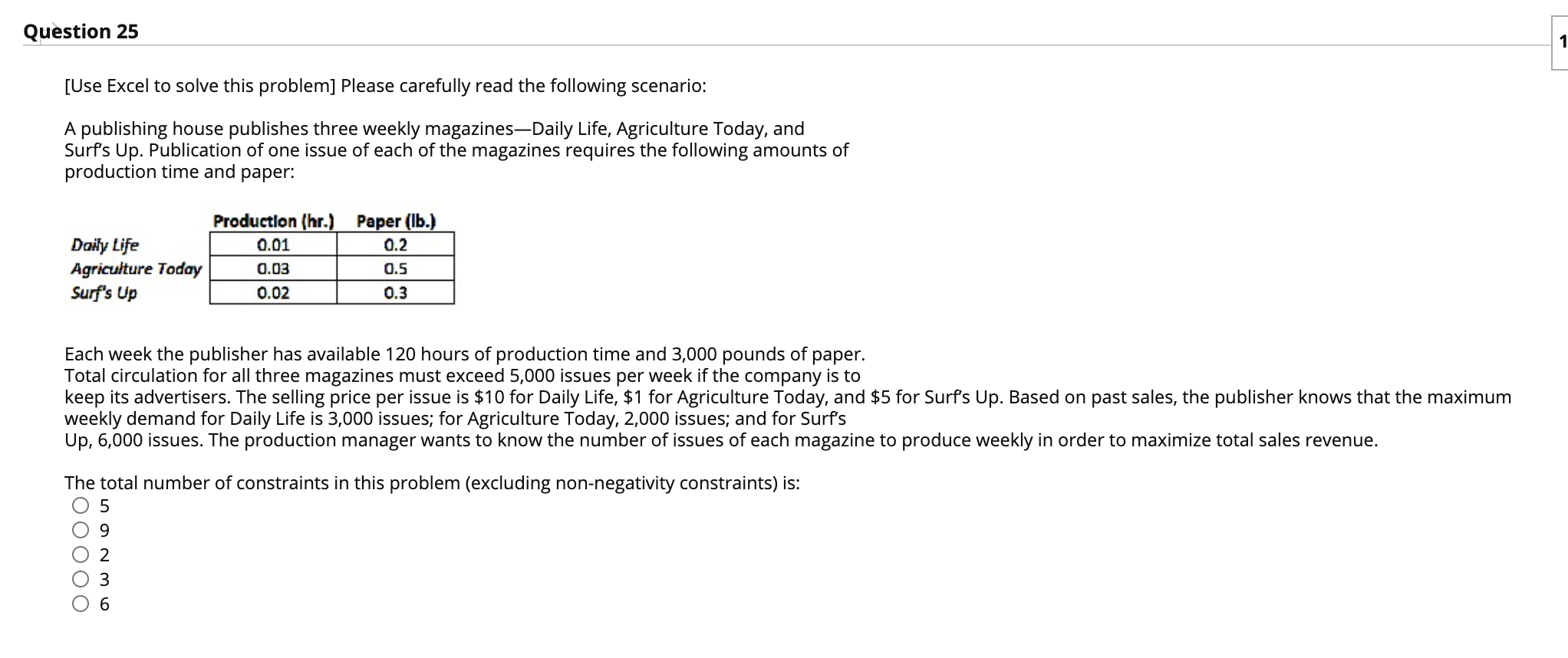Question 25 1 [Use Excel to solve this problem]