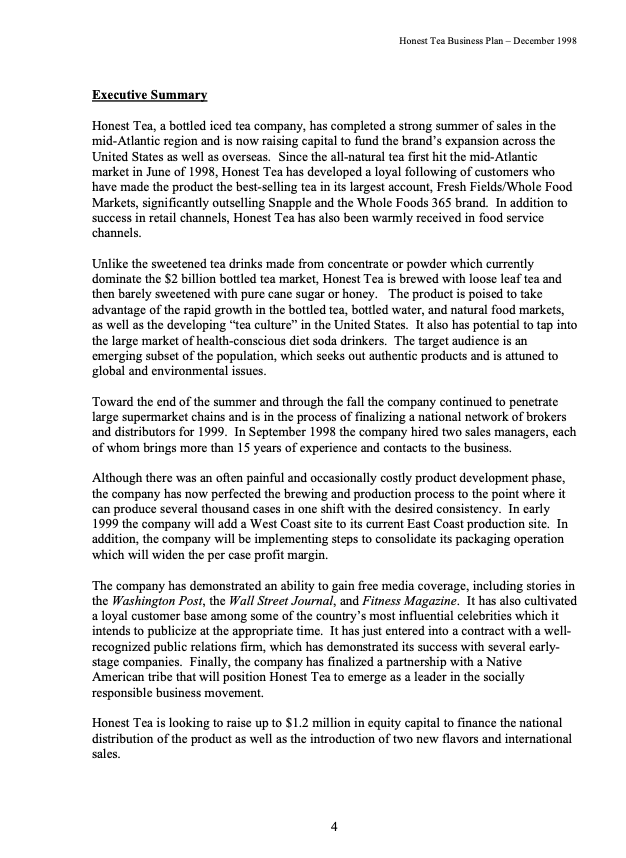 Please read the business plan given in Honest Tea