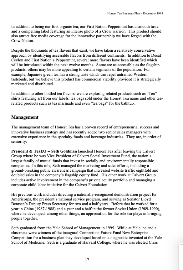 Please read the business plan given in Honest Tea