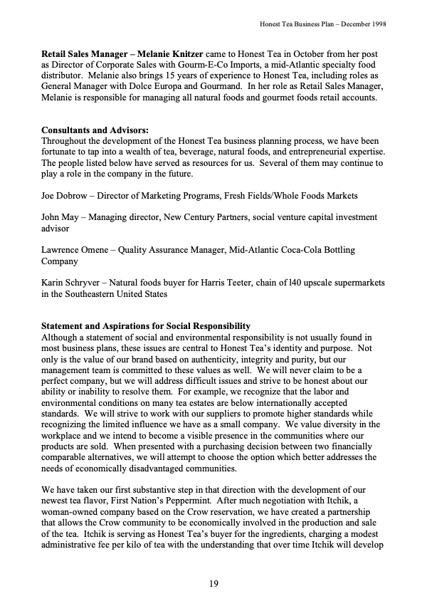 Please read the business plan given in Honest Tea