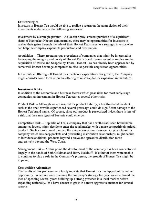 Please read the business plan given in Honest Tea