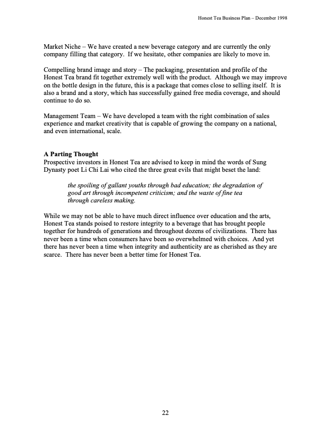 Please read the business plan given in Honest Tea