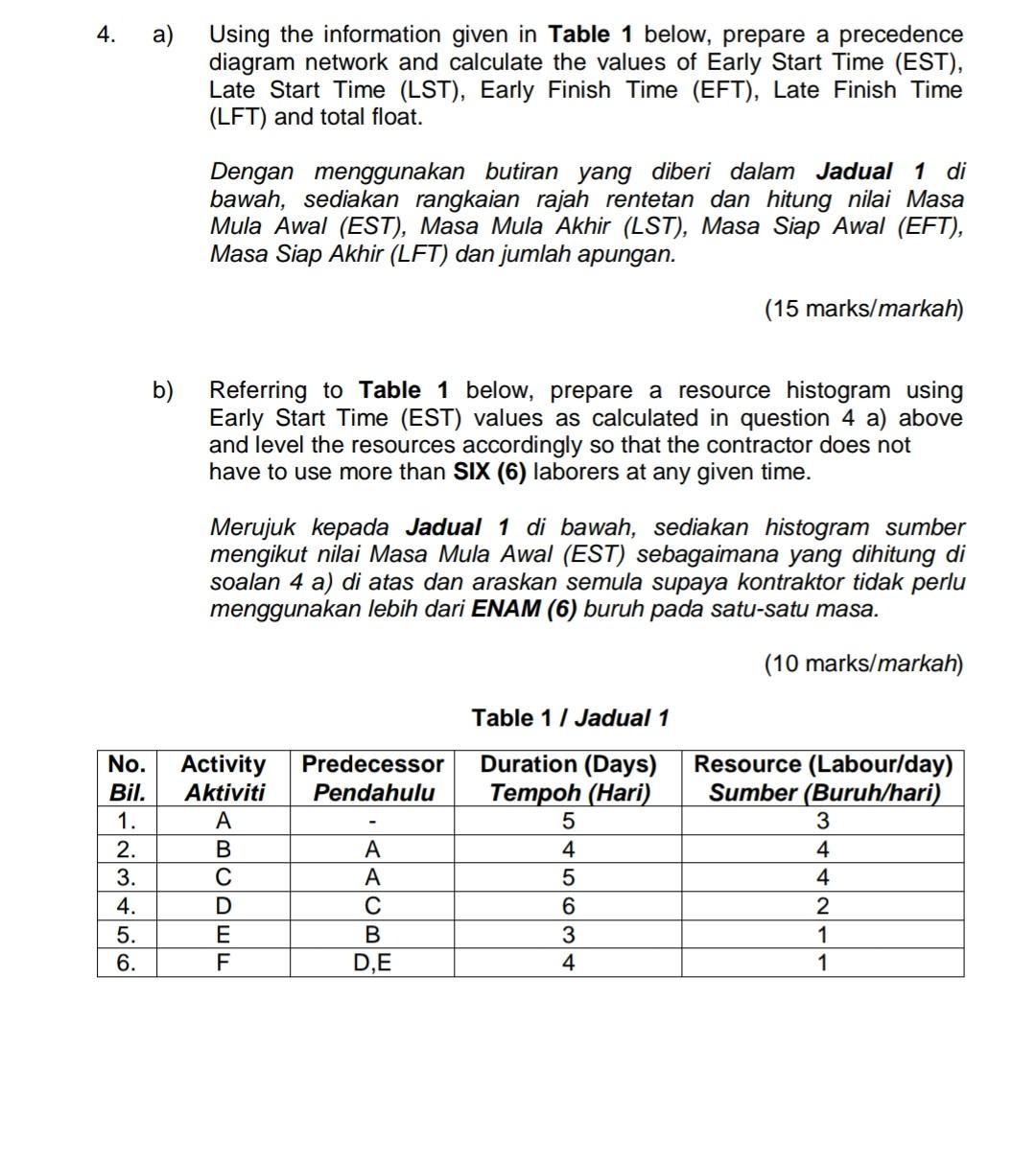 4. a) Using the information given in Table 1