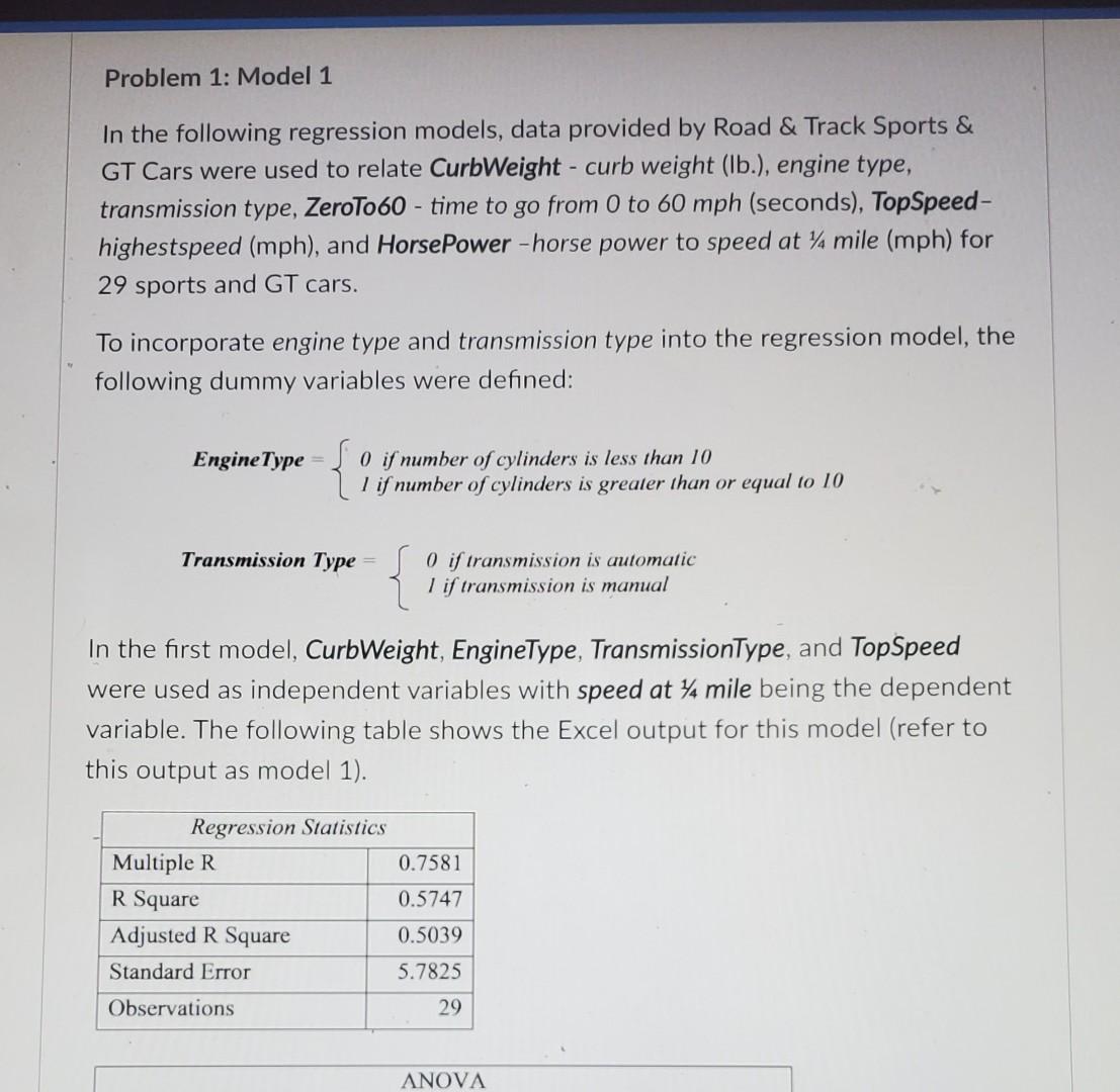 Problem 1: Model 1 In the following regression