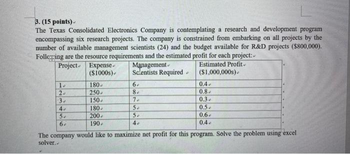 3. (15 points) The Texas Consolidated Electronics
