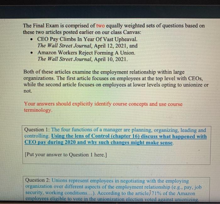 The Final Exam is comprised of two equally