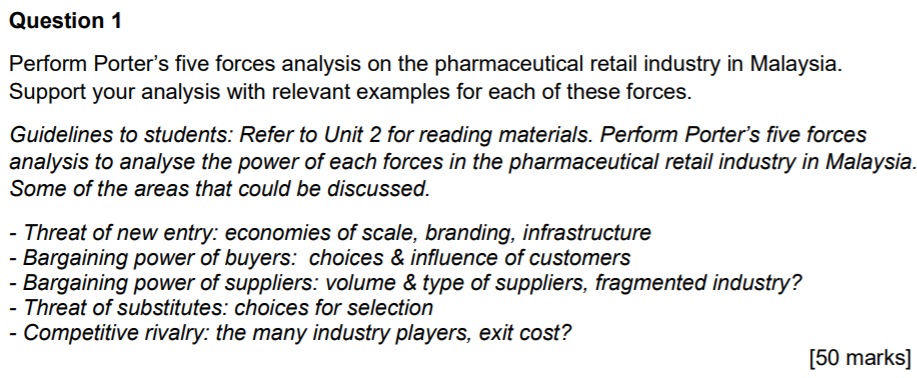 Question 1 Perform Porter's five forces analysis
