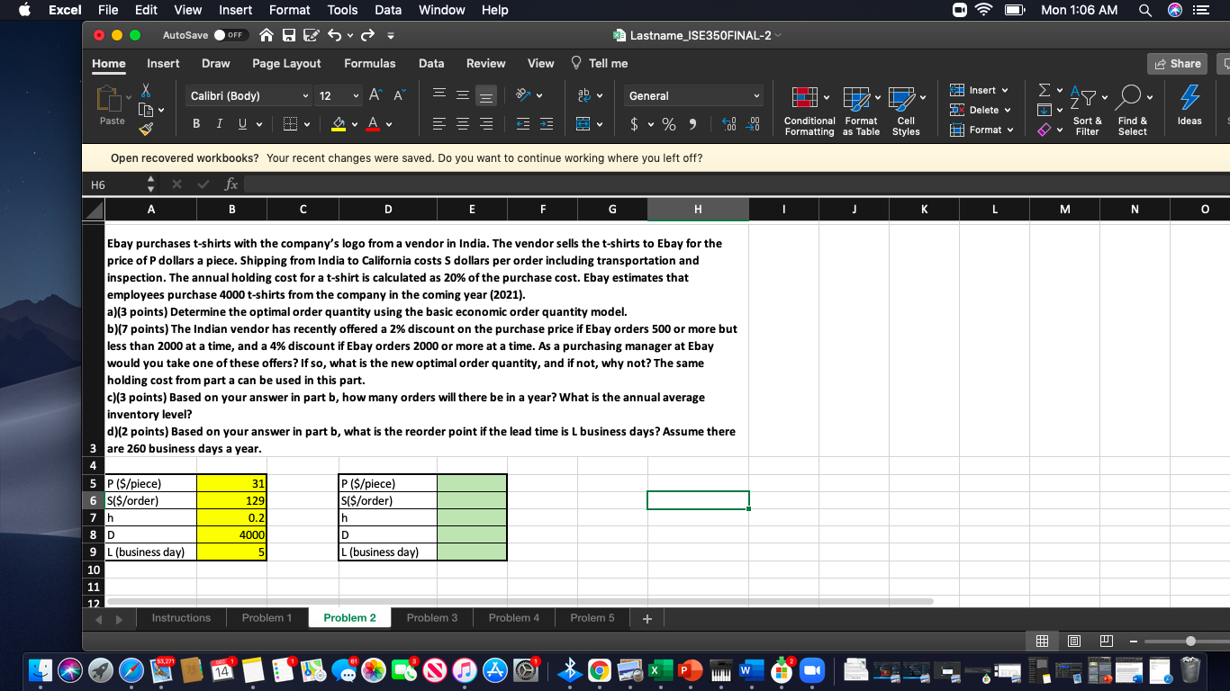 Excel Mon 1:06 AM E File Edit View Insert Format