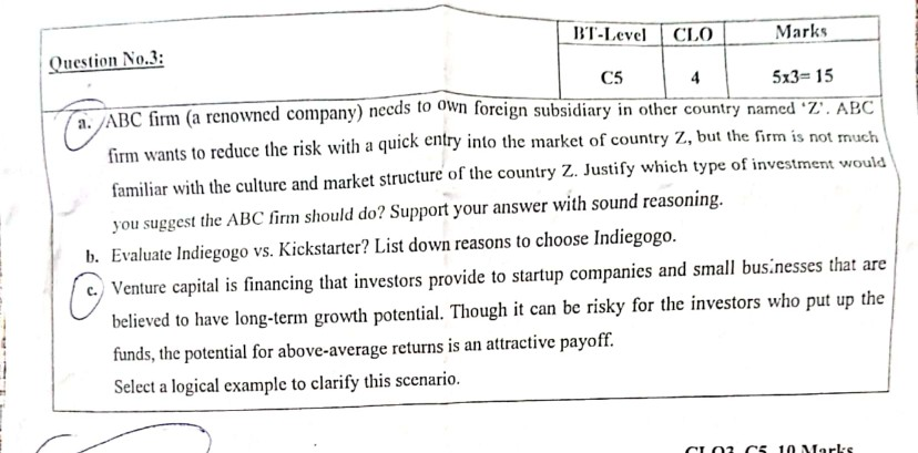 Need Solution BT-Level CLO Marks Question No.3: