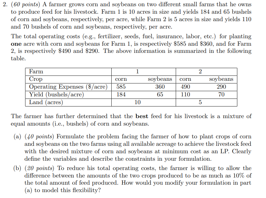 2. (60 points) A farmer grows corn and soybeans