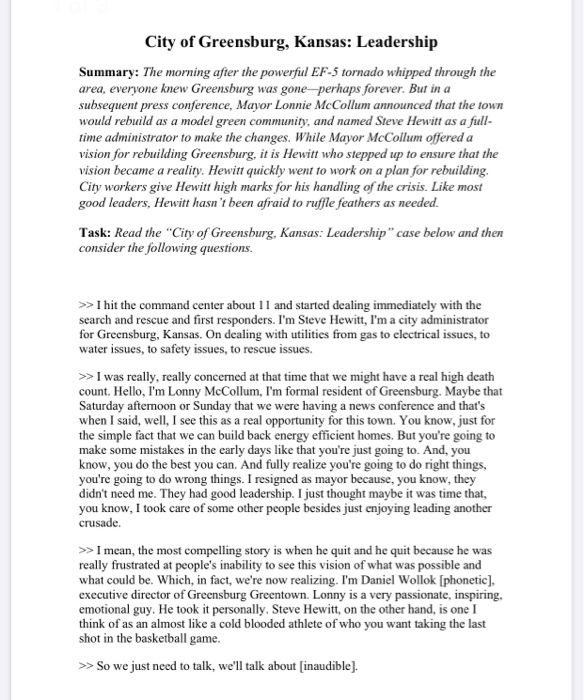 City of Greensburg, Kansas: Leadership Summary: