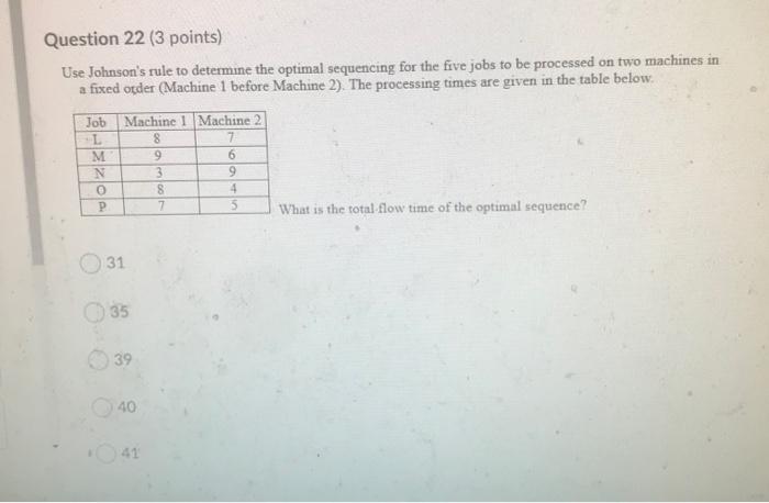 Question 22 (3 points) Use Johnson's rule to