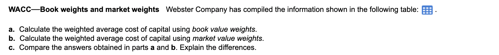 WACC-Book weights and market weights Webster