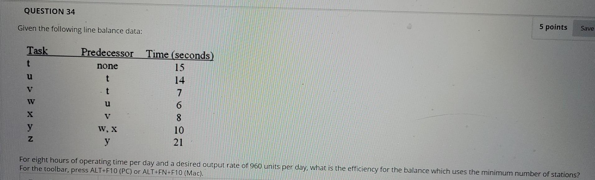 QUESTION 34 Given the following line balance