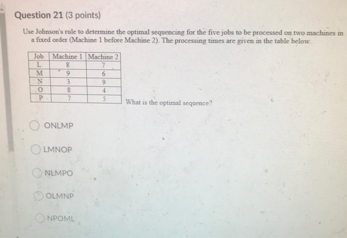 Question 21 (3 points) Use Johnson's rule to
