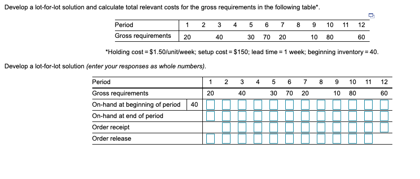 Develop a lot-for-lot solution and calculate