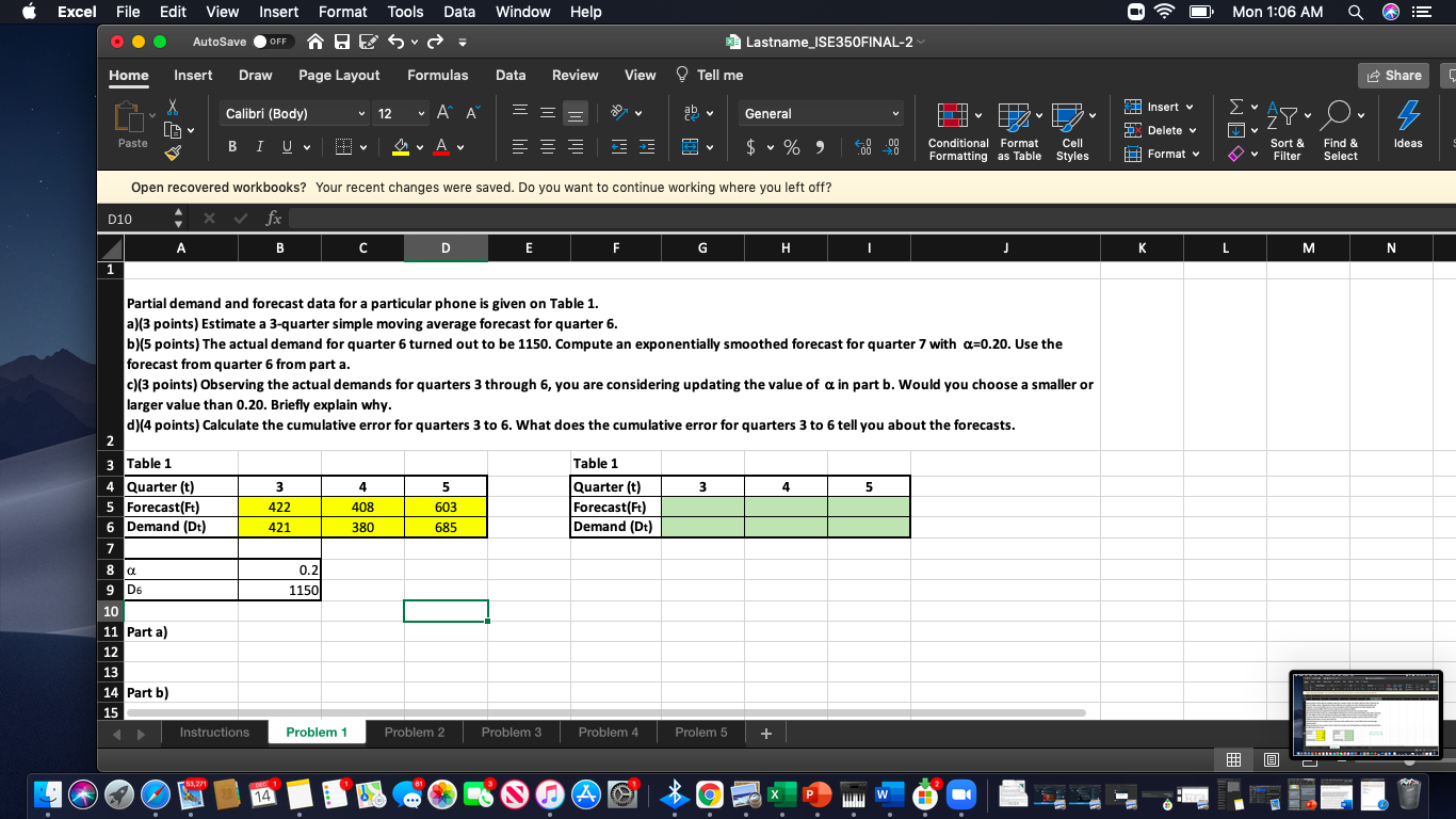 Mon 1:06 AM E Excel File Edit View Insert Format