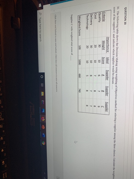 QUESTION 30 30. The following table shows the