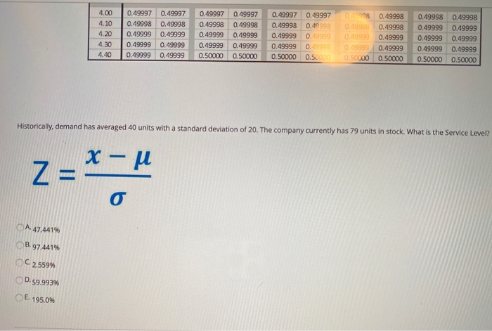 z value please 4.00 4.10 4.20 0.49997 0.49998