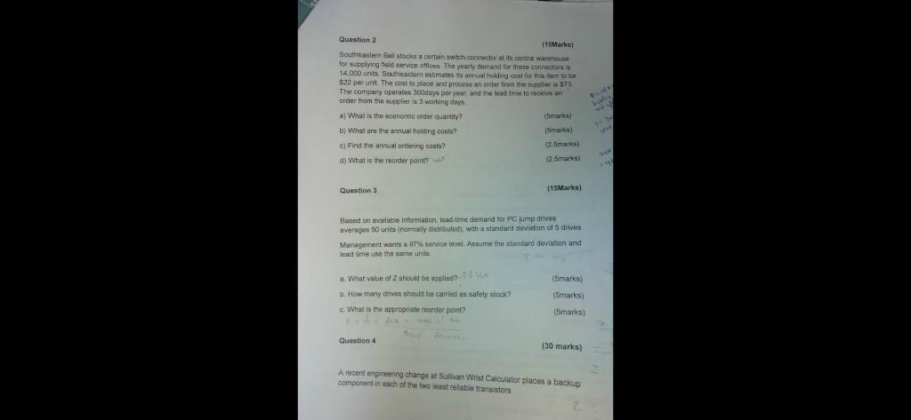 Question 2 (15 Markal Southeastern Balstocks a