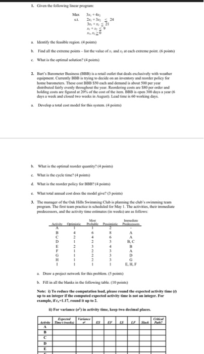 1. Given the following linear program 20 Identify