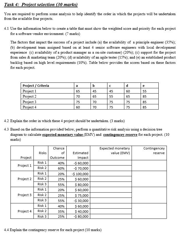 Task 4: Project selection (30 marks) You are