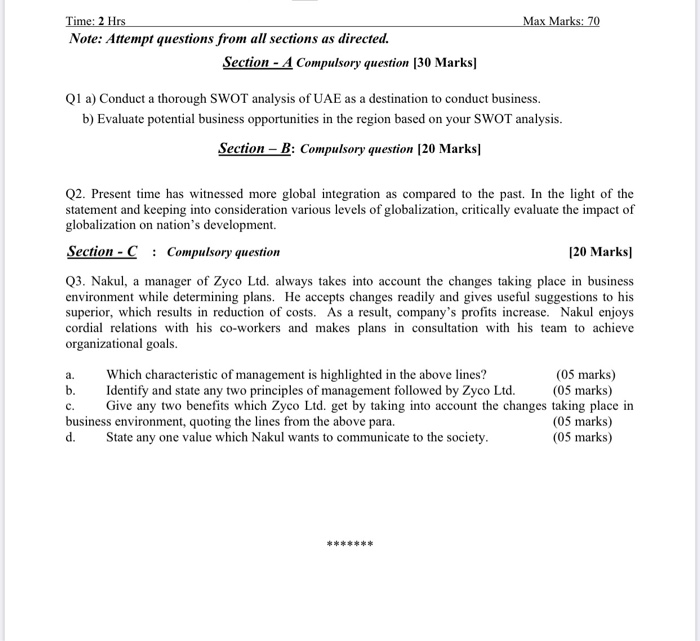 Max Marks: 70 Time: 2 Hrs Note: Attempt questions