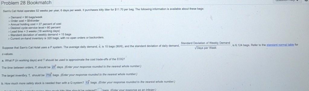 Problem 28 Bookmatch Sam's Cat Hotel operates 52