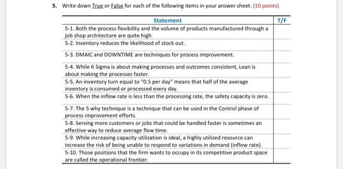 5. Write down True or False for each of the