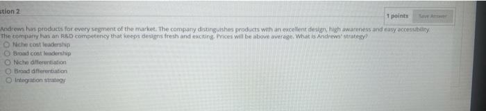 n stion 2 1 points Save Answer Andrews has