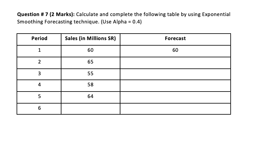 Question # 7 (2 Marks): Calculate and complete