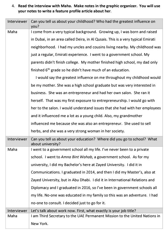 . Required: 4. Read the interview with Maha. Make