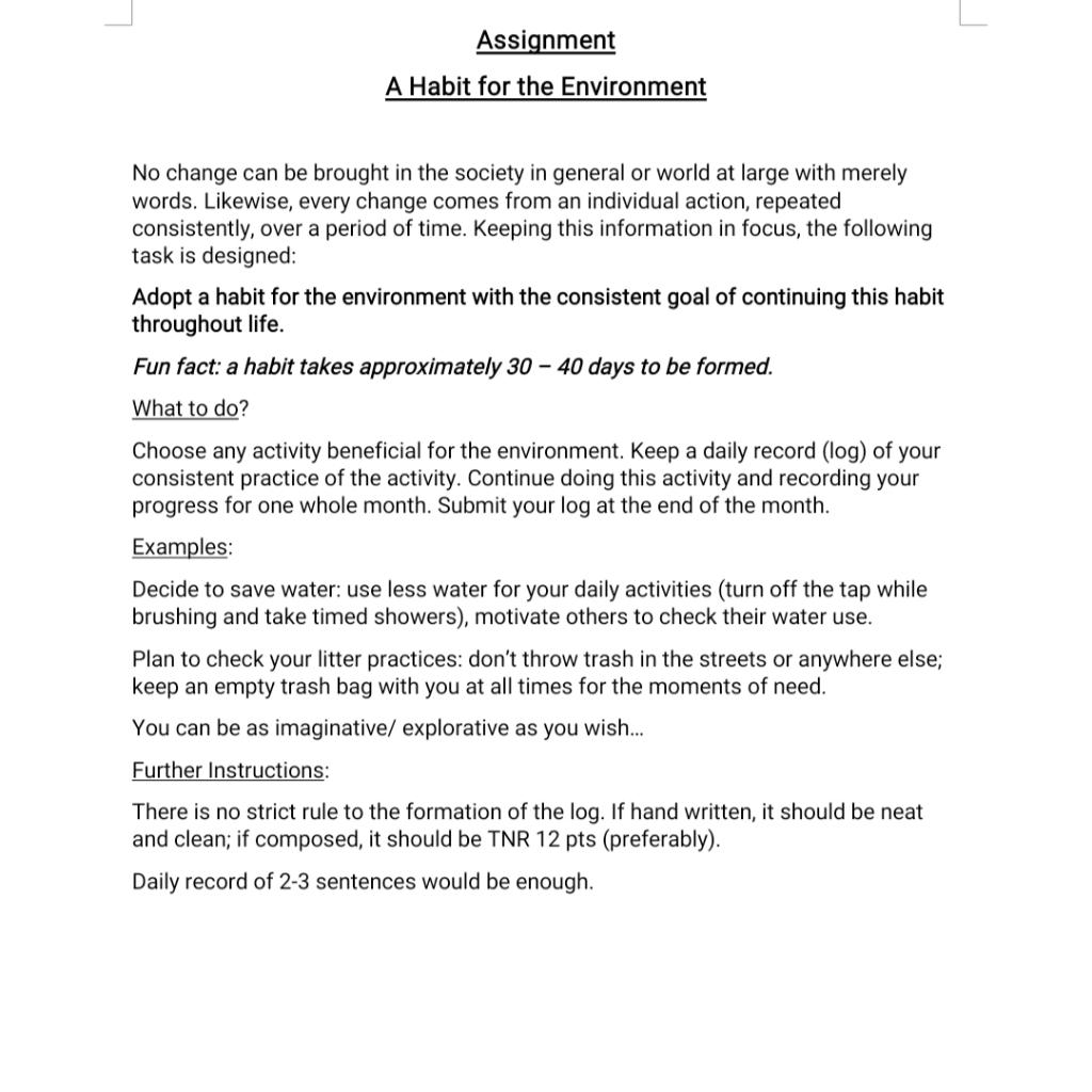 Assignment A Habit for the Environment No change