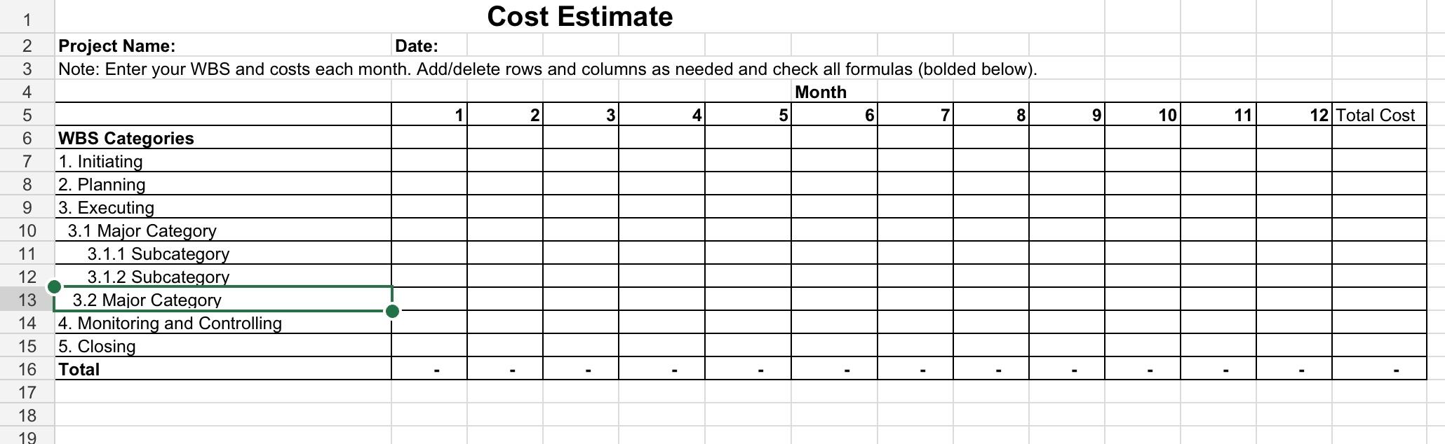 Please fill in the table. Create a monthly cost
