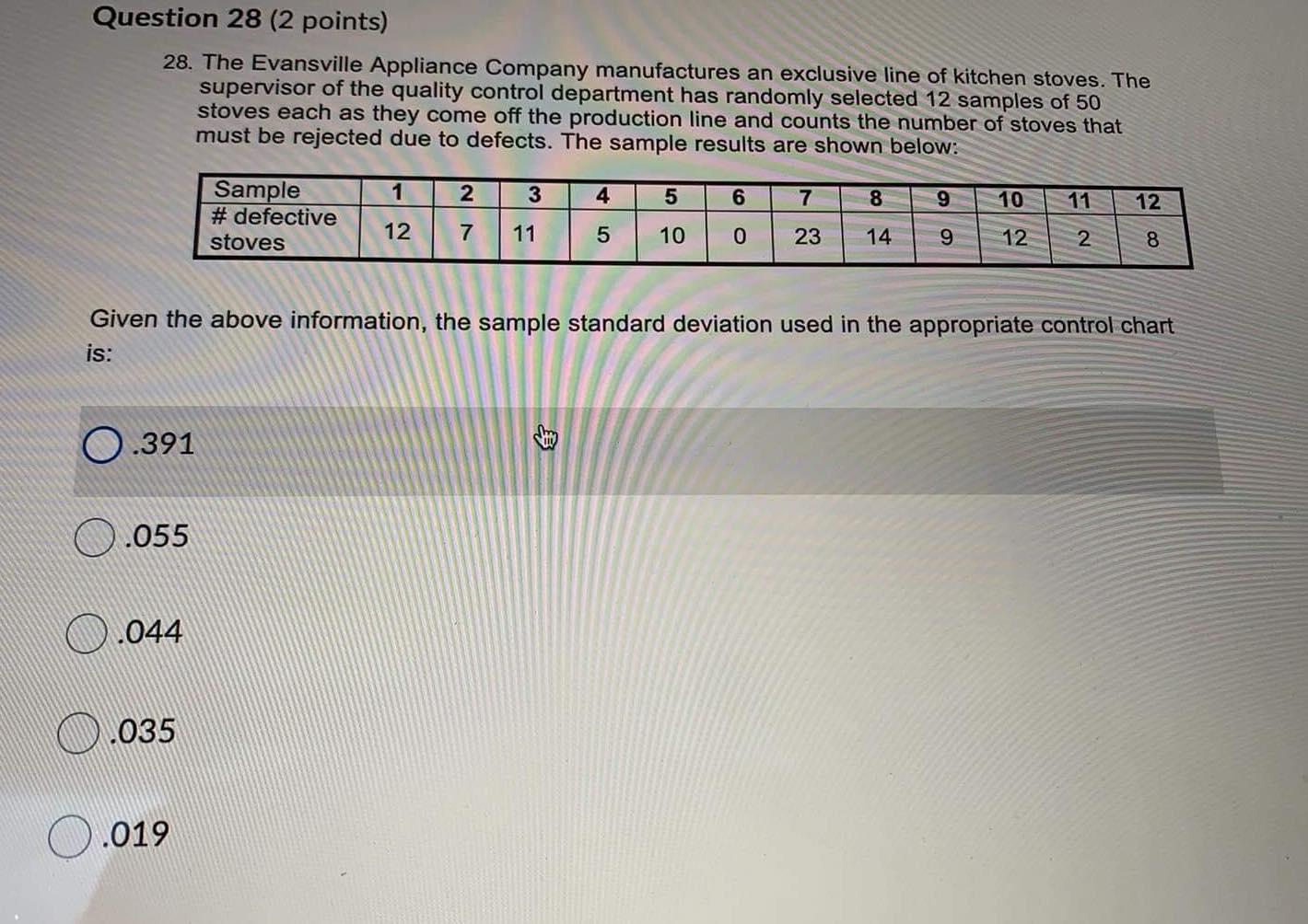 Question 28 (2 points) 28. The Evansville